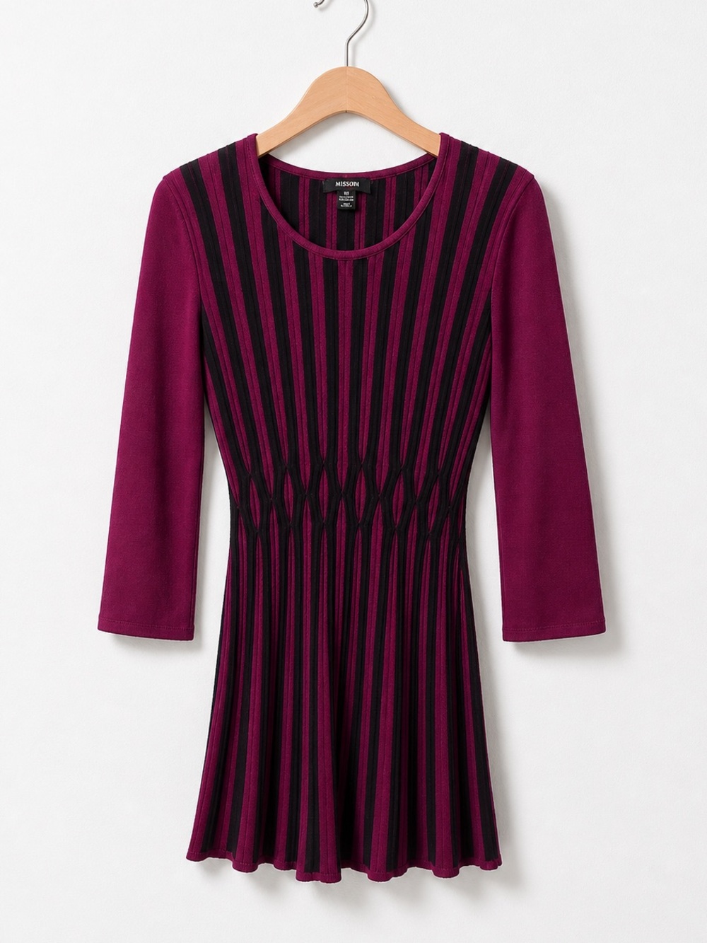 Style & Co. Plum Purple and Black Striped Fit-and-Flare Long Sleeve Knit Dress